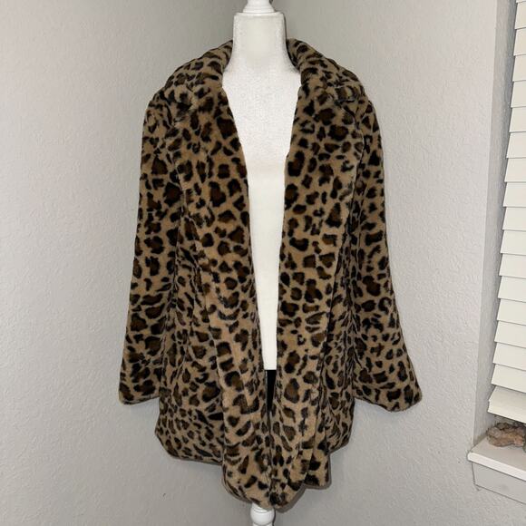 Impressions Coat Women's Large Brown Black Leopard Print Faux Fur Notch Collar - Picture 1 of 6